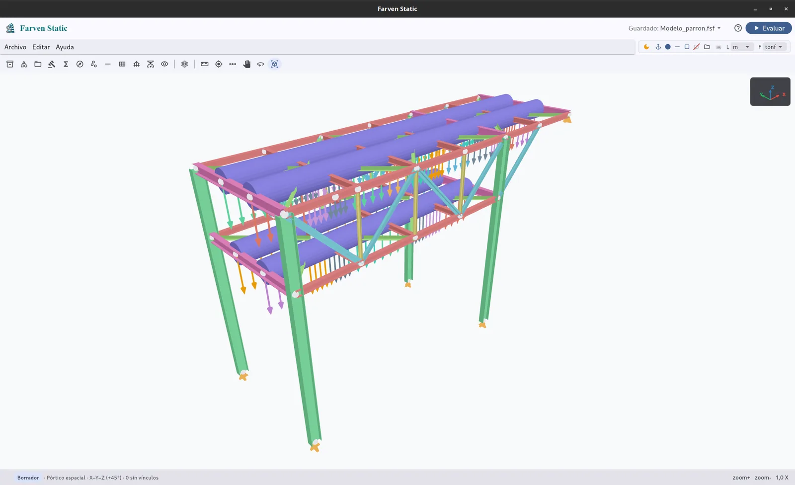 Farven Static: vista 3D de sólidos con secciones, áreas y cargas repartidas
