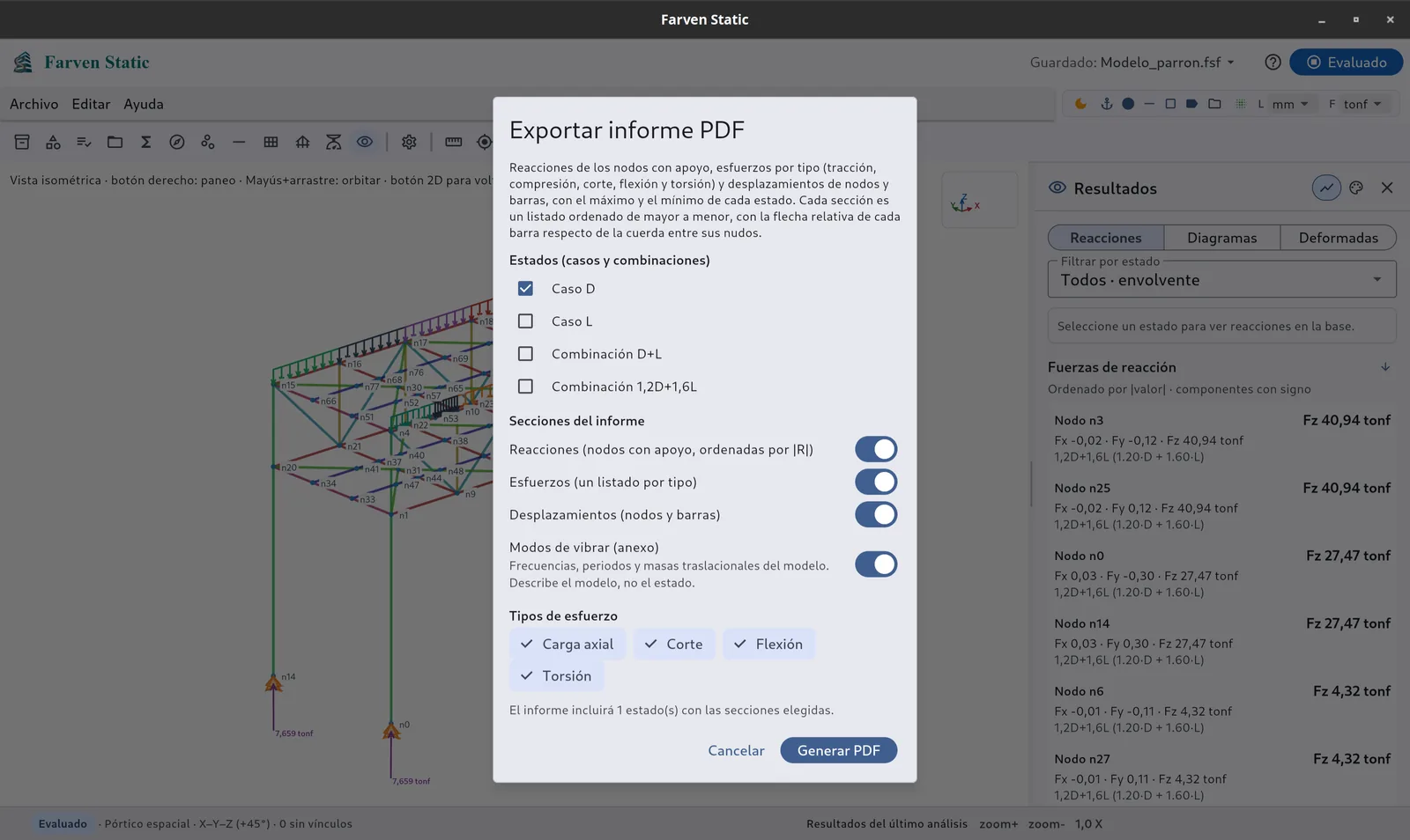 Farven Static: diálogo de exportar informe PDF con estados, secciones y tipos de esfuerzo, junto al panel de resultados